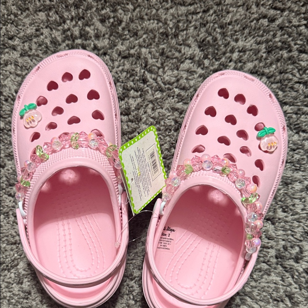 Kids Pink Beaded Heart Clog Sandals with Back Strap